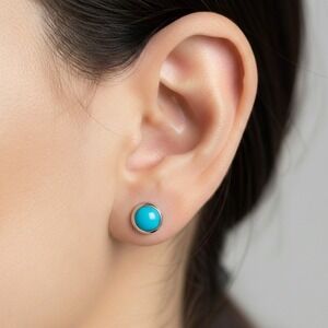 Sterling Silver Bezel Set Turquoise Stud Earrings 925 Gemstone Small Round